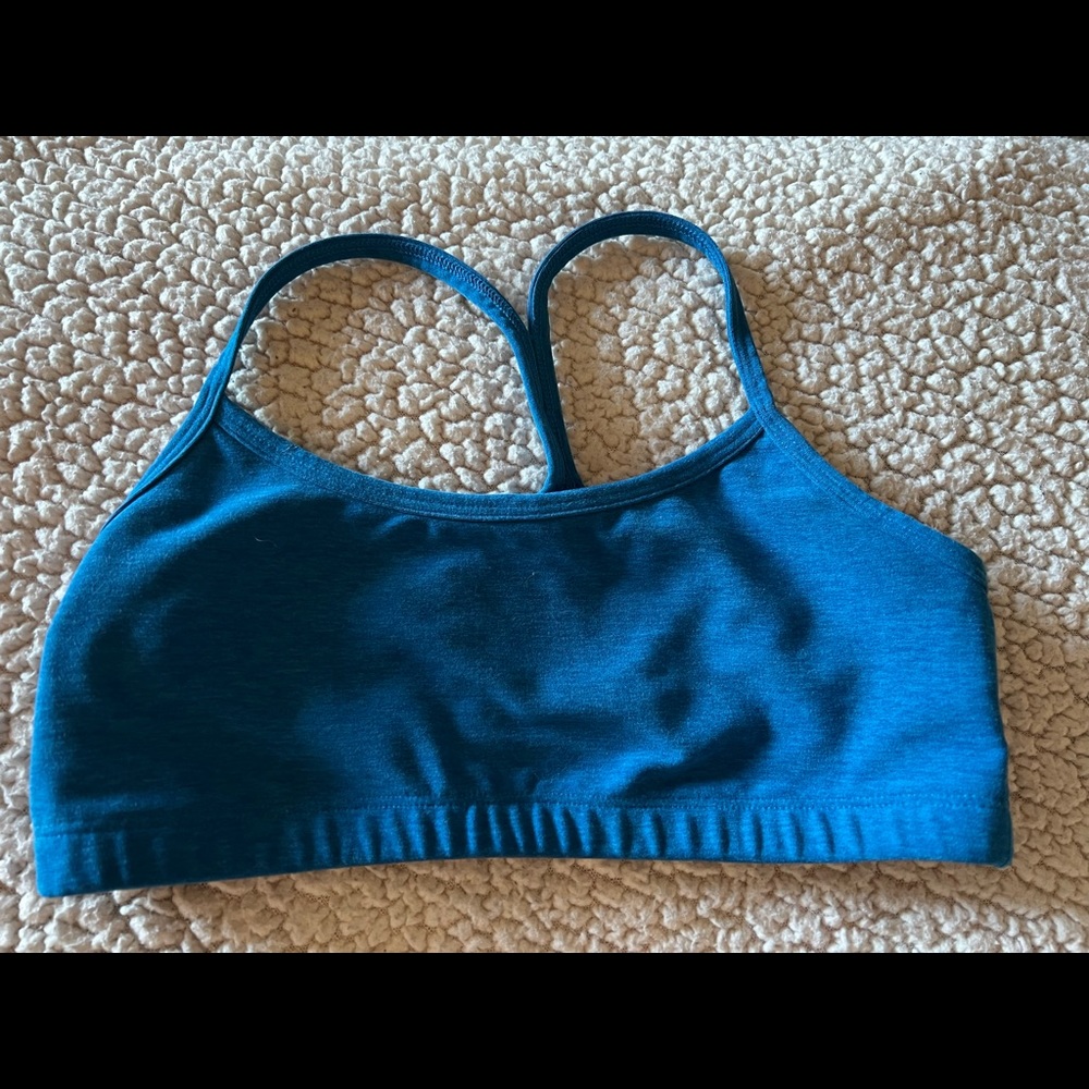 Beyond yoga, space dye slim racer back bra, cerulean blue, size small